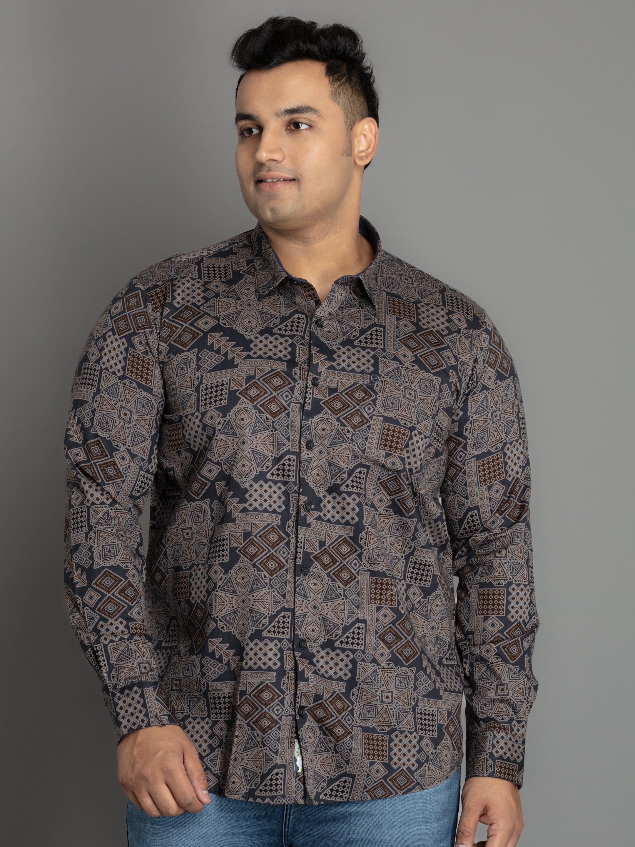 WHATZ Full-Sleeve Geometric Print Shirt for Men