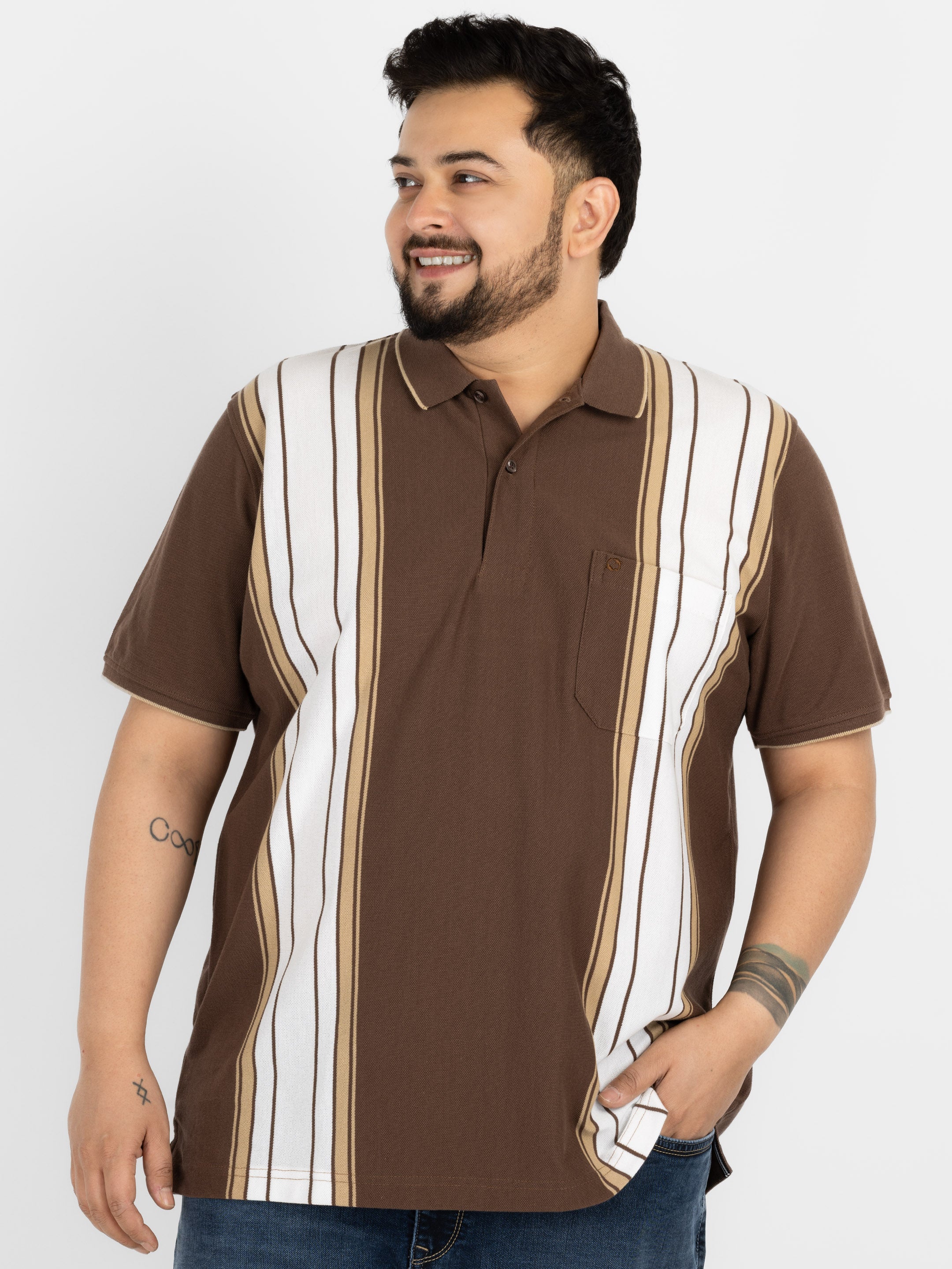 WHATZ Shadow Panel Stripe Polo T-Shirt for Men