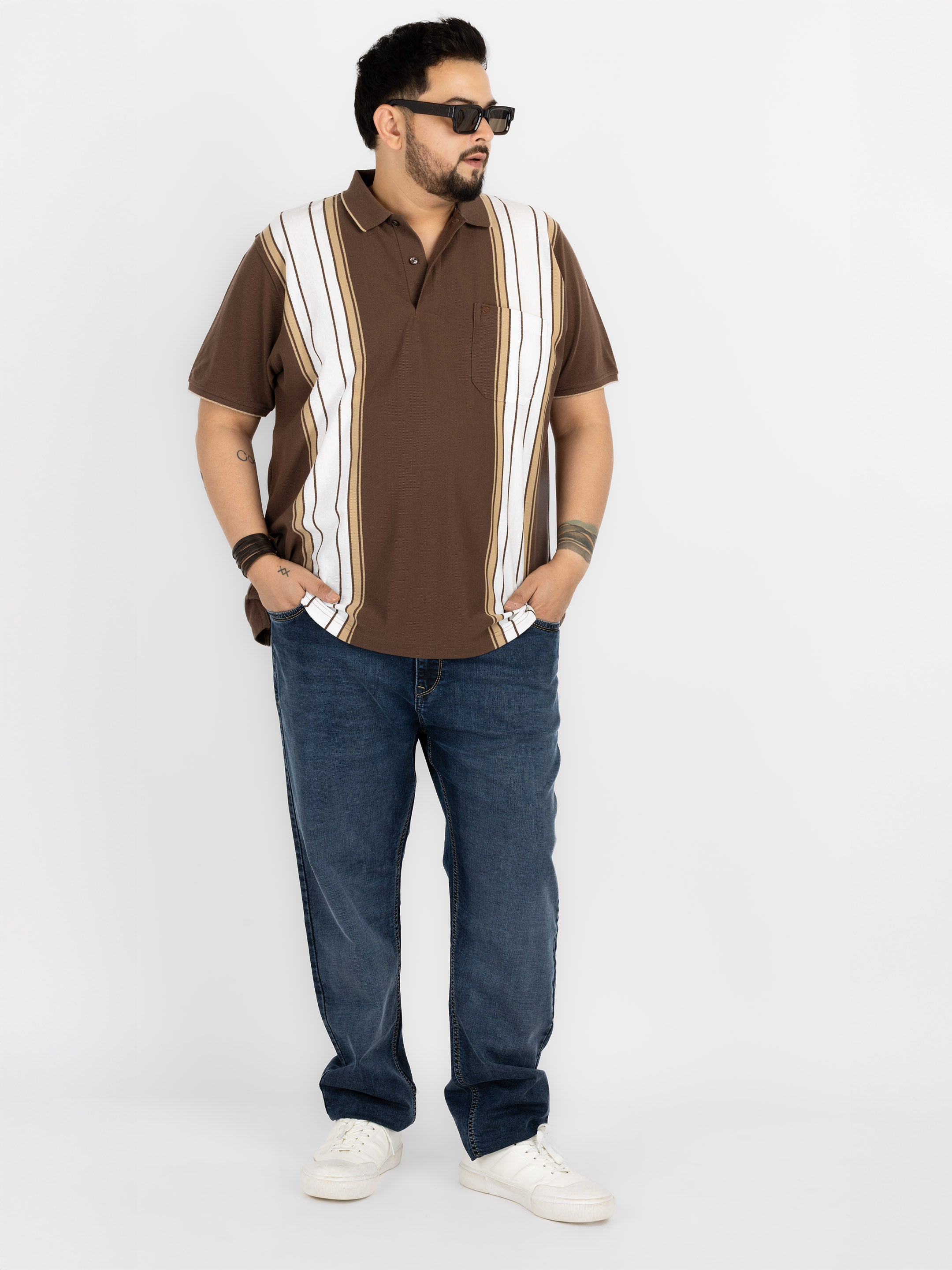 WHATZ Shadow Panel Stripe Polo T-Shirt for Men