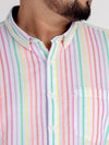 WHATZ Vertical Stripe Cotton Linen Half-Sleeve Shirt