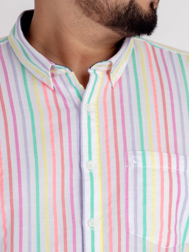 WHATZ Vertical Stripe Cotton Linen Half-Sleeve Shirt