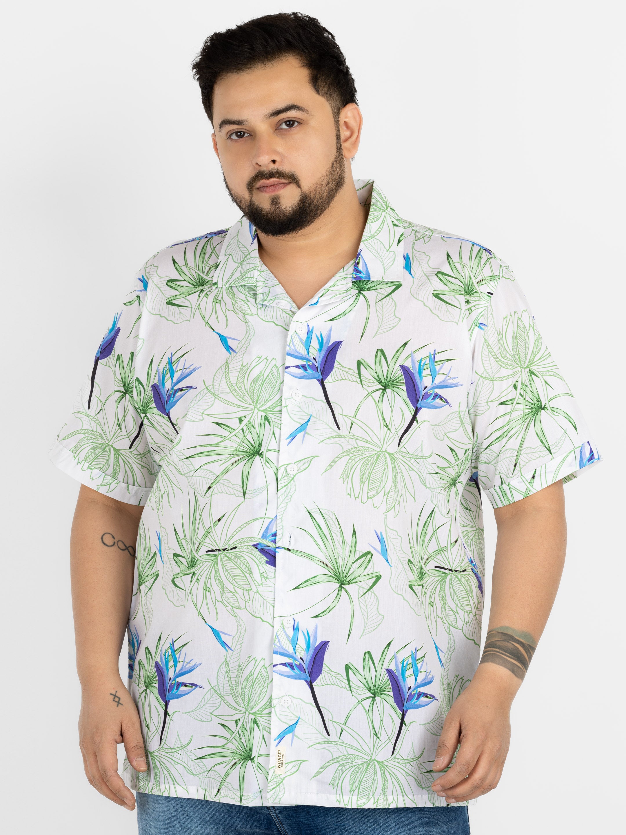 WHATZ Plus Size Floral Bloom Printed Half Sleeve Shirt for Men