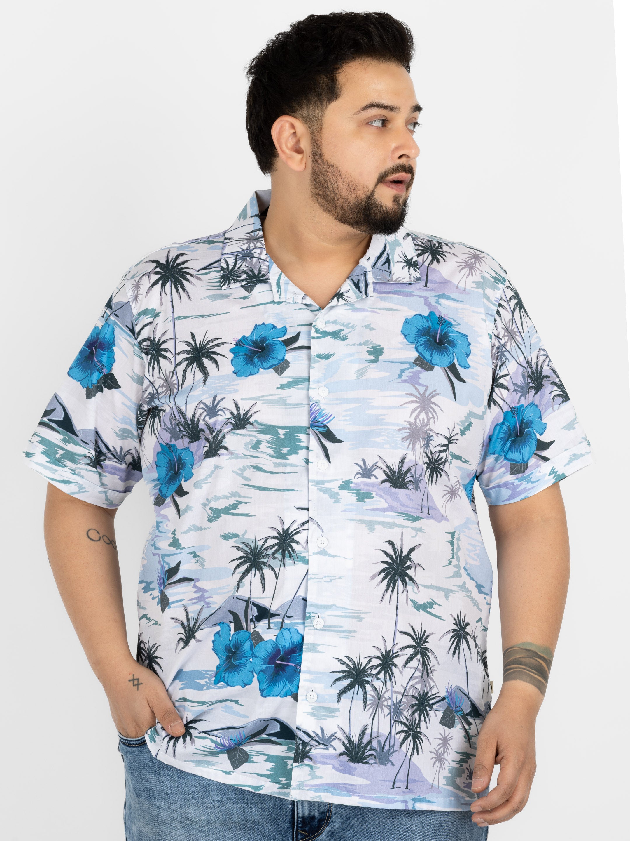 WHATZ Plus Size Hawaiian Floral Print Half Sleeve Shirt for Men