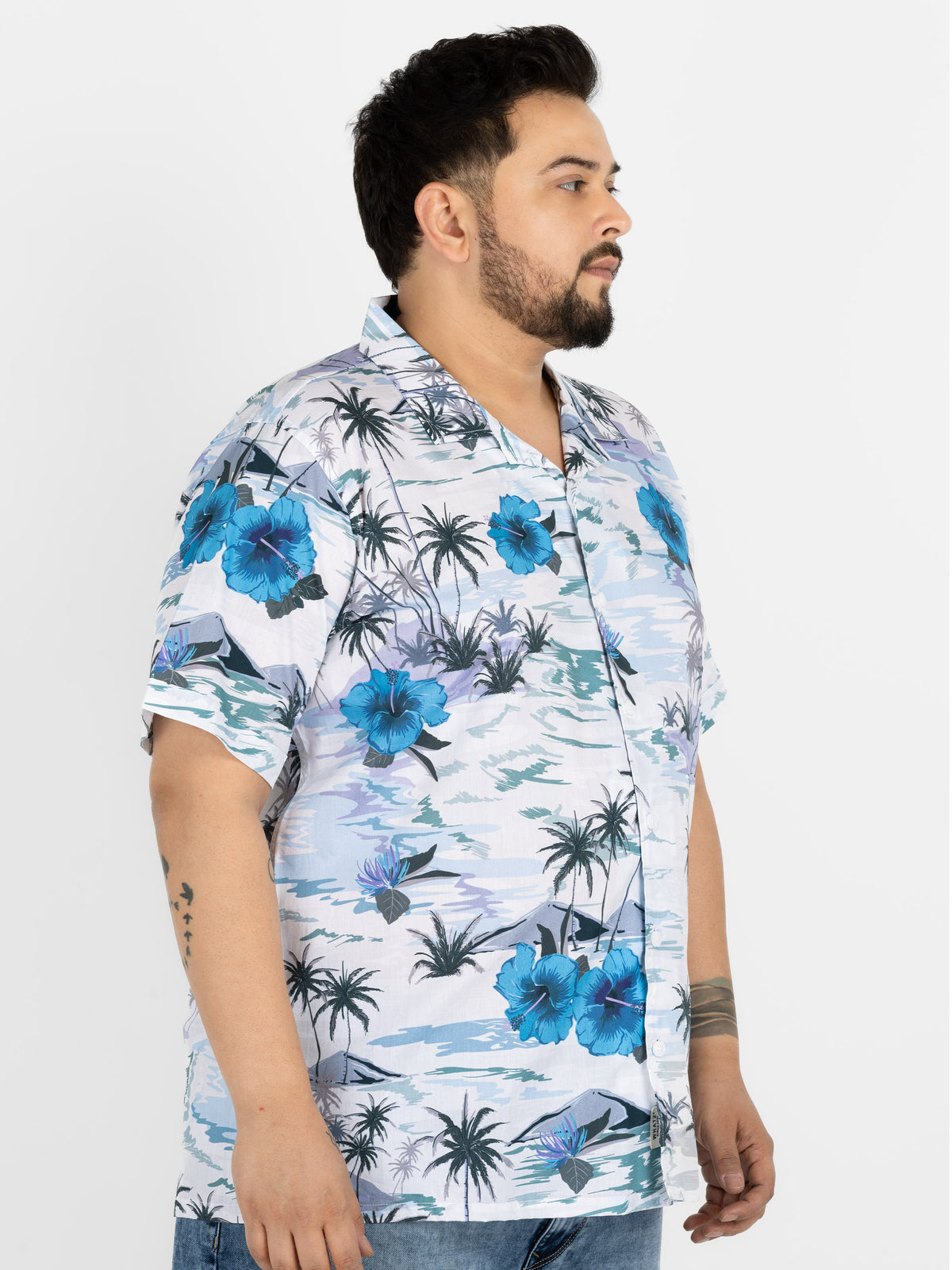 WHATZ Plus Size Hawaiian Floral Print Half Sleeve Shirt for Men