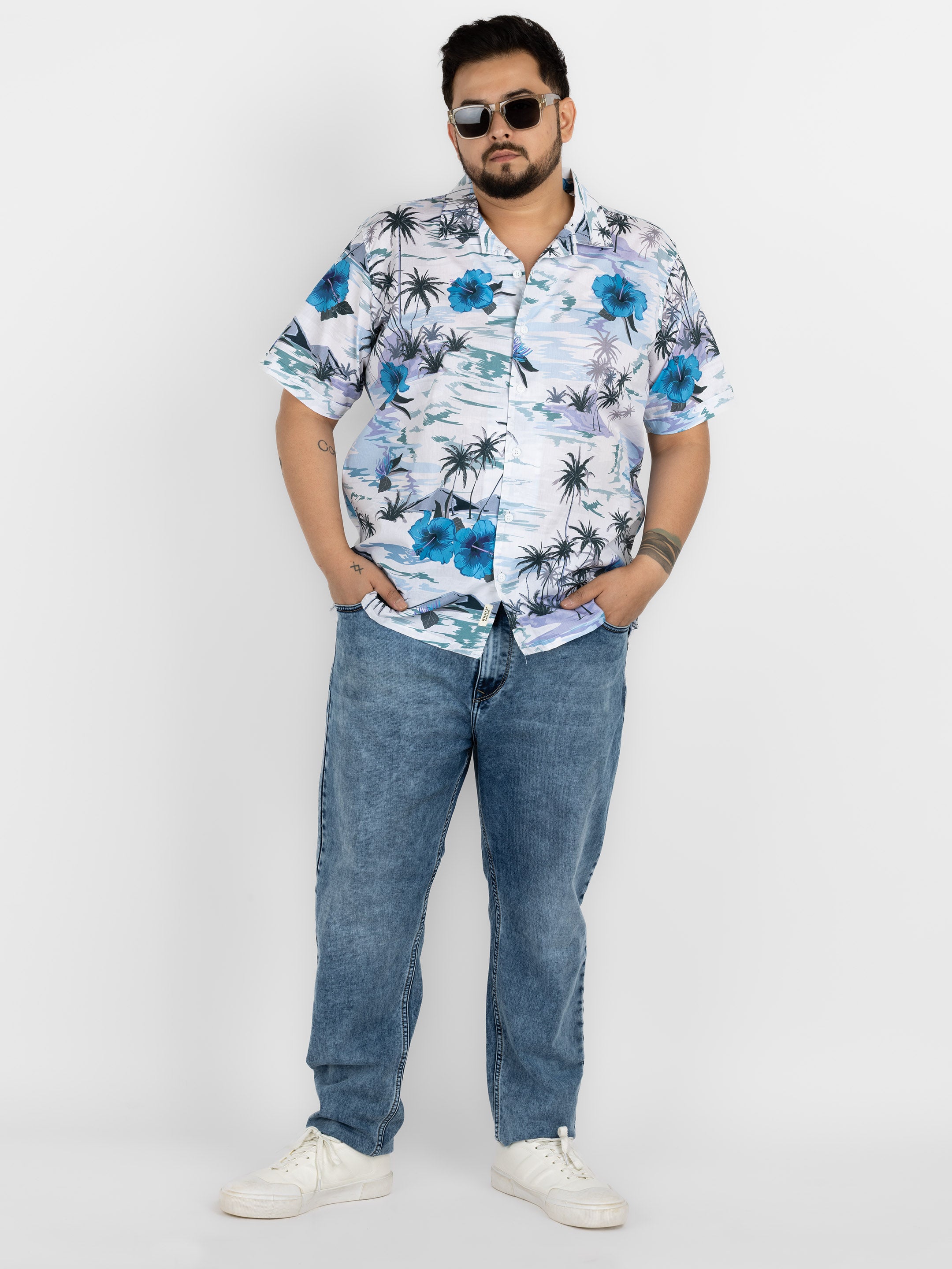 WHATZ Plus Size Hawaiian Floral Print Half Sleeve Shirt for Men