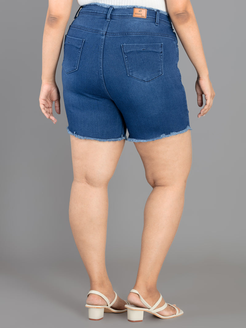 WHATZ 1 Button Denim+Lycra Shorts for Women