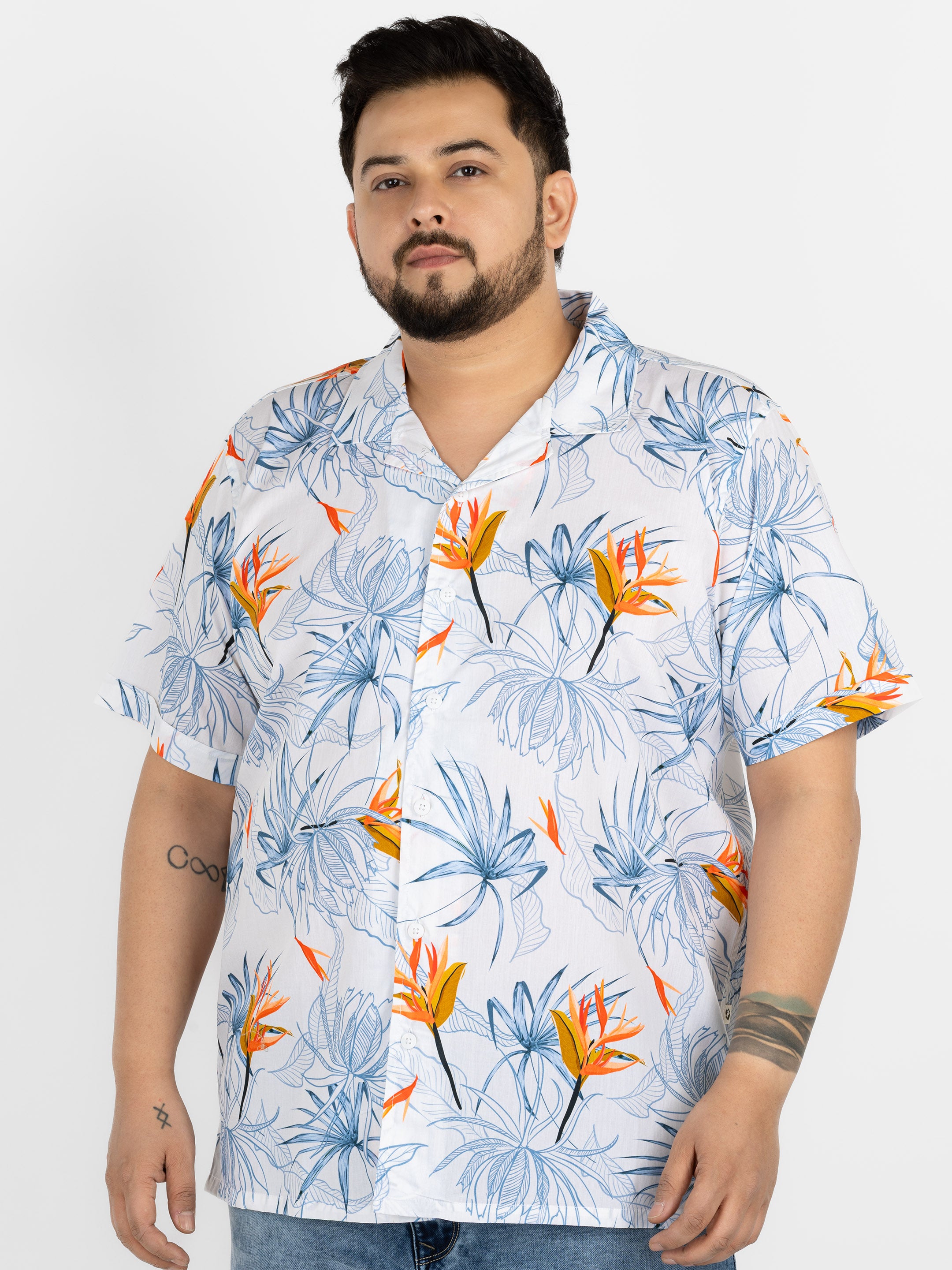 WHATZ Plus Size Floral Bloom Printed Half Sleeve Shirt for Men