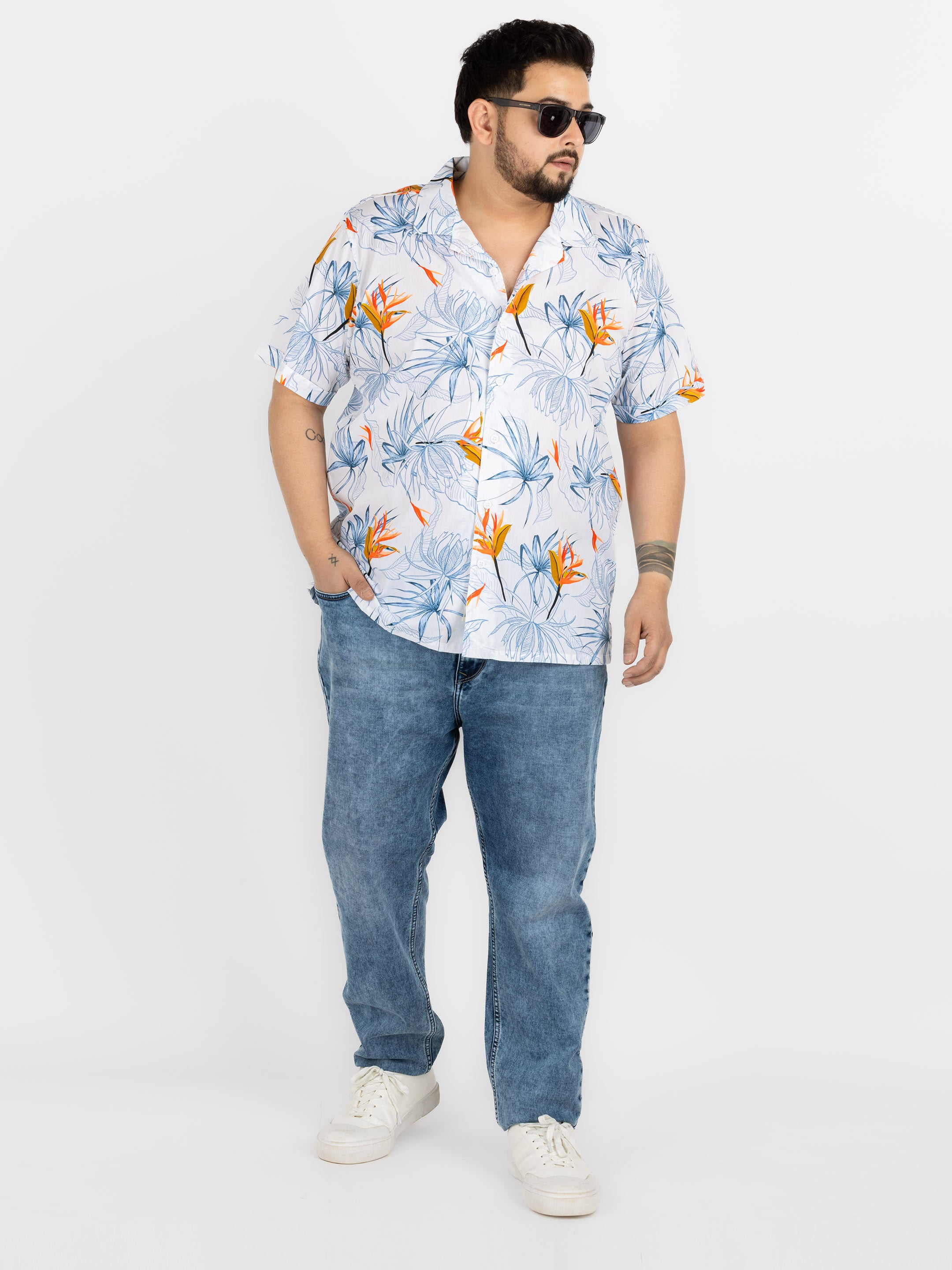 WHATZ Plus Size Floral Bloom Printed Half Sleeve Shirt for Men
