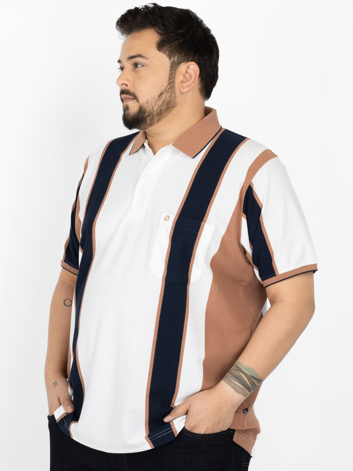 WHATZ Heritage Panel Stripe Polo T-Shirt for Men