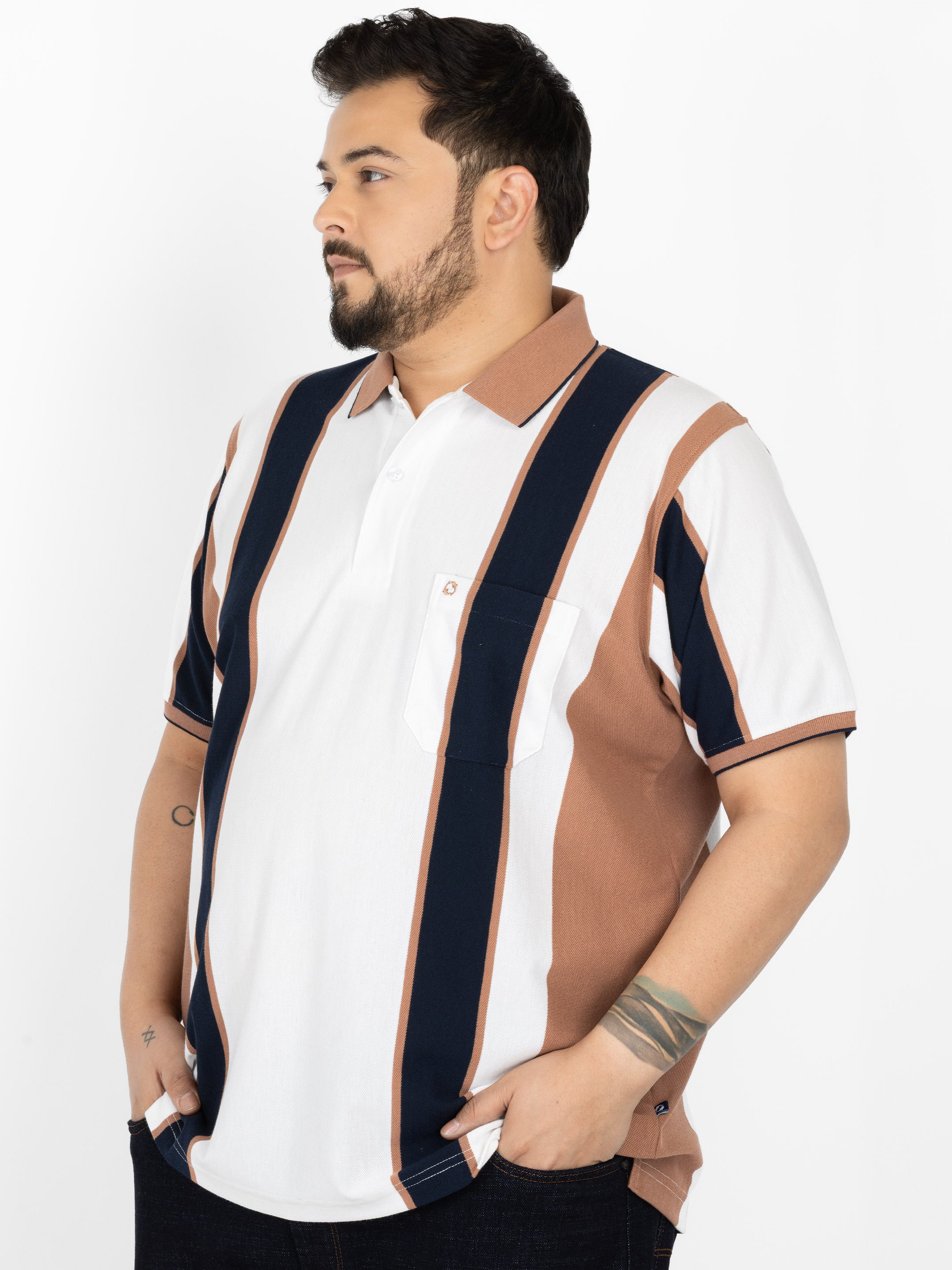 WHATZ Heritage Panel Stripe Polo T-Shirt for Men