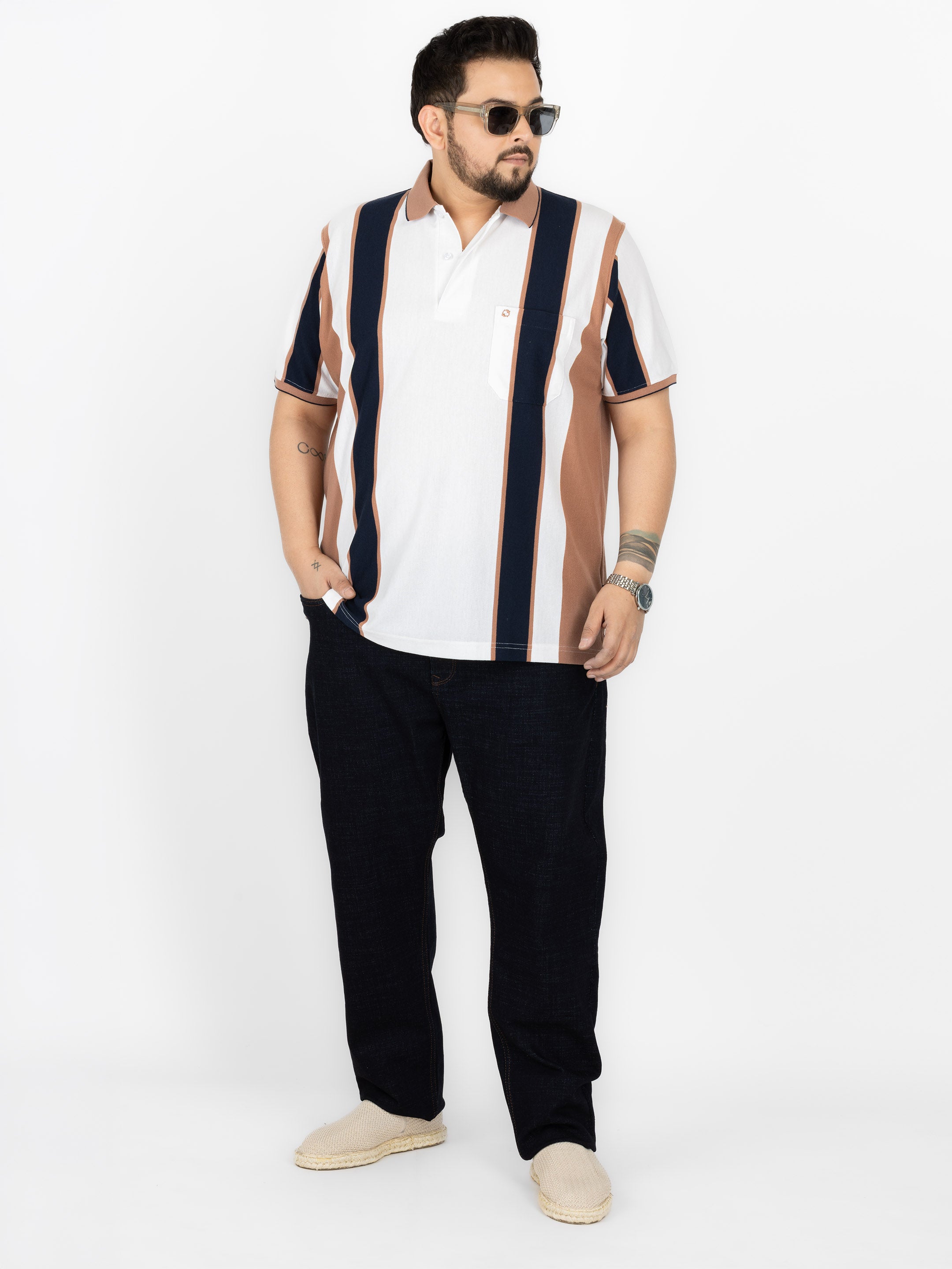WHATZ Heritage Panel Stripe Polo T-Shirt for Men