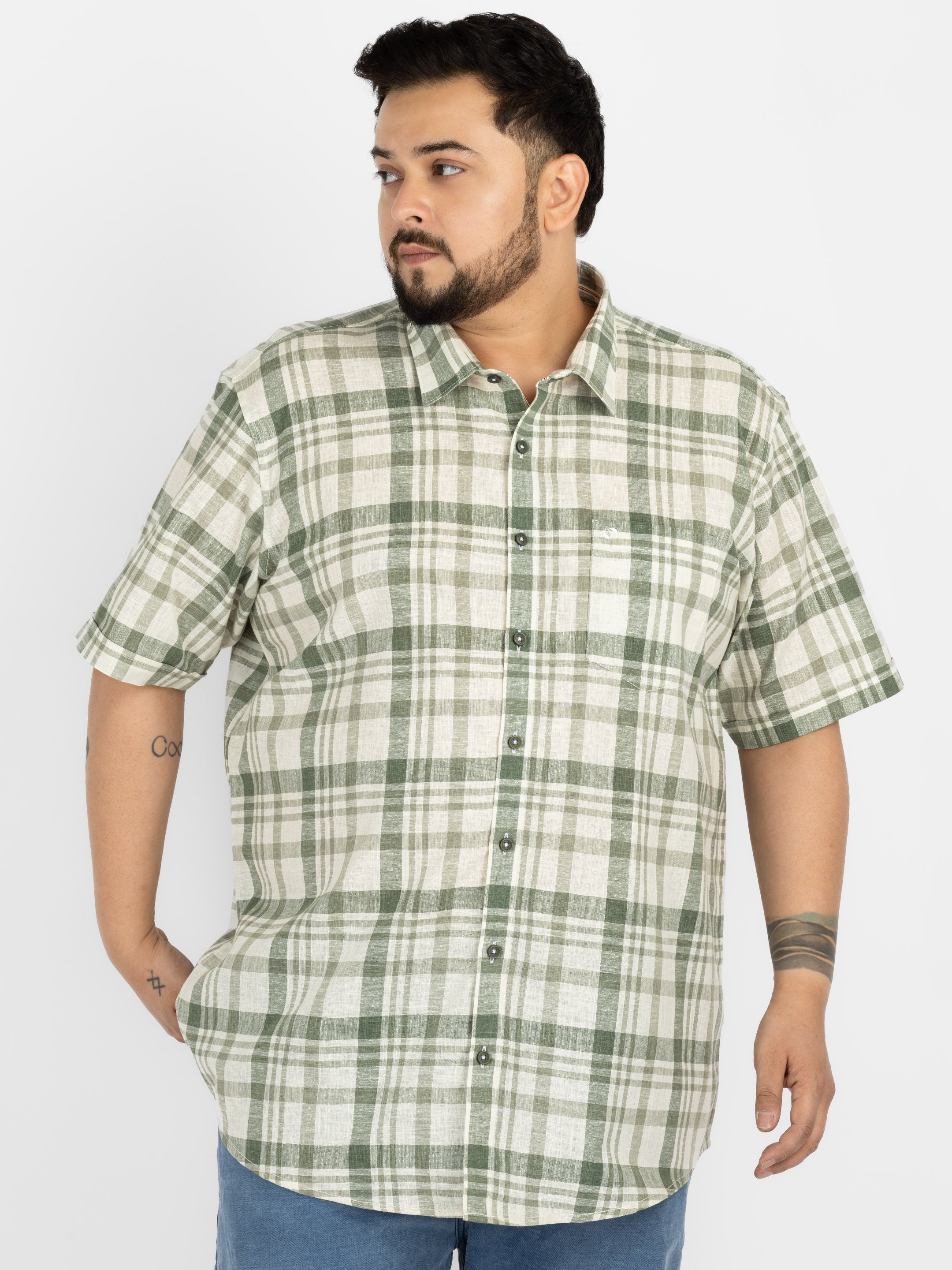 WHATZ Plus Size Plaid Checkered Half Sleeve Shirt for Men