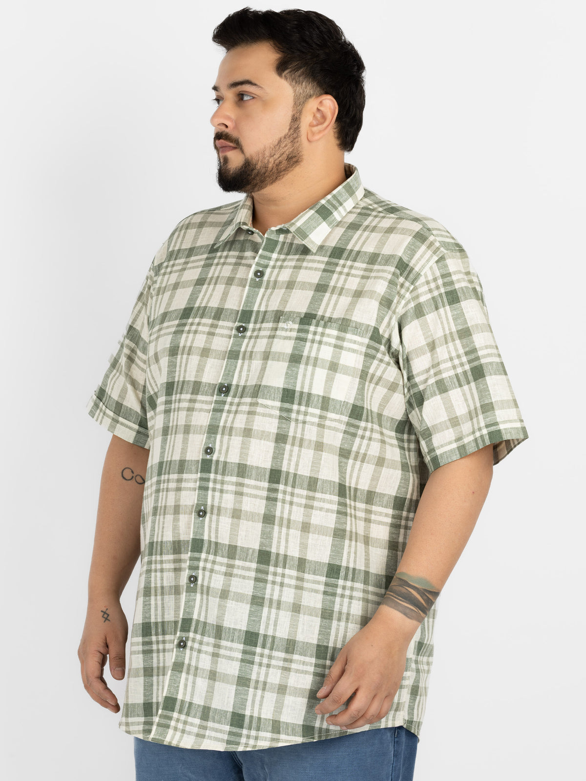 WHATZ Plus Size Plaid Checkered Half Sleeve Shirt for Men