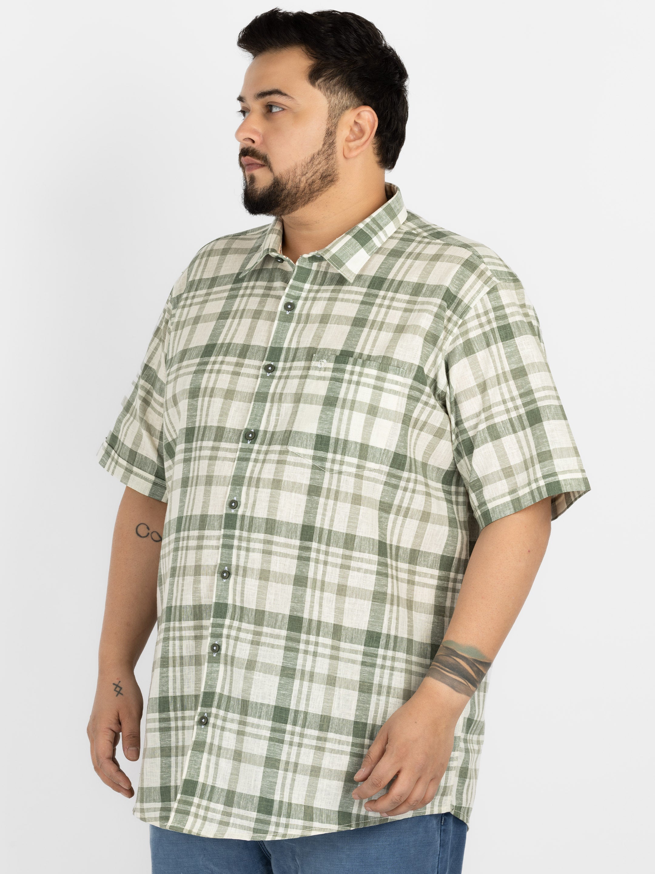 WHATZ Plus Size Plaid Checkered Half Sleeve Shirt for Men