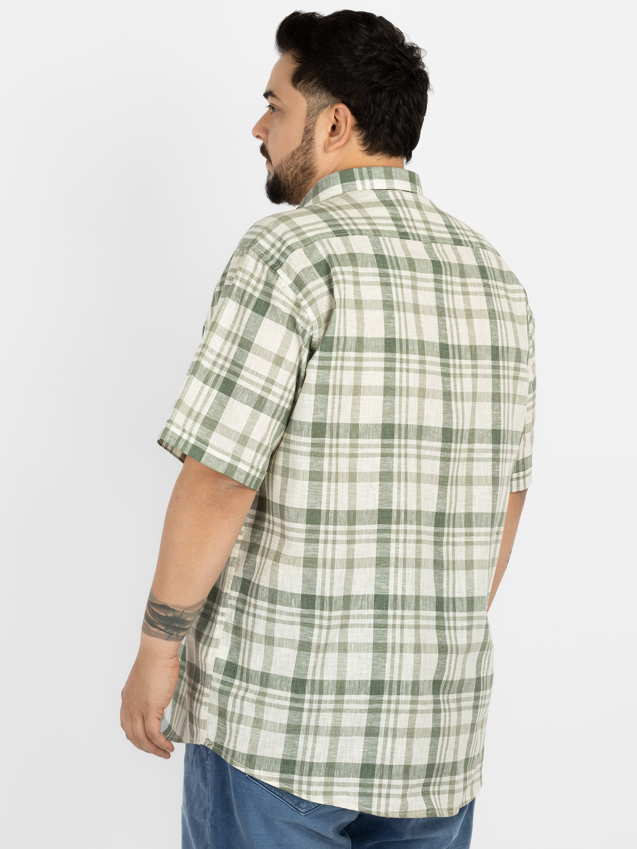 WHATZ Plus Size Plaid Checkered Half Sleeve Shirt for Men