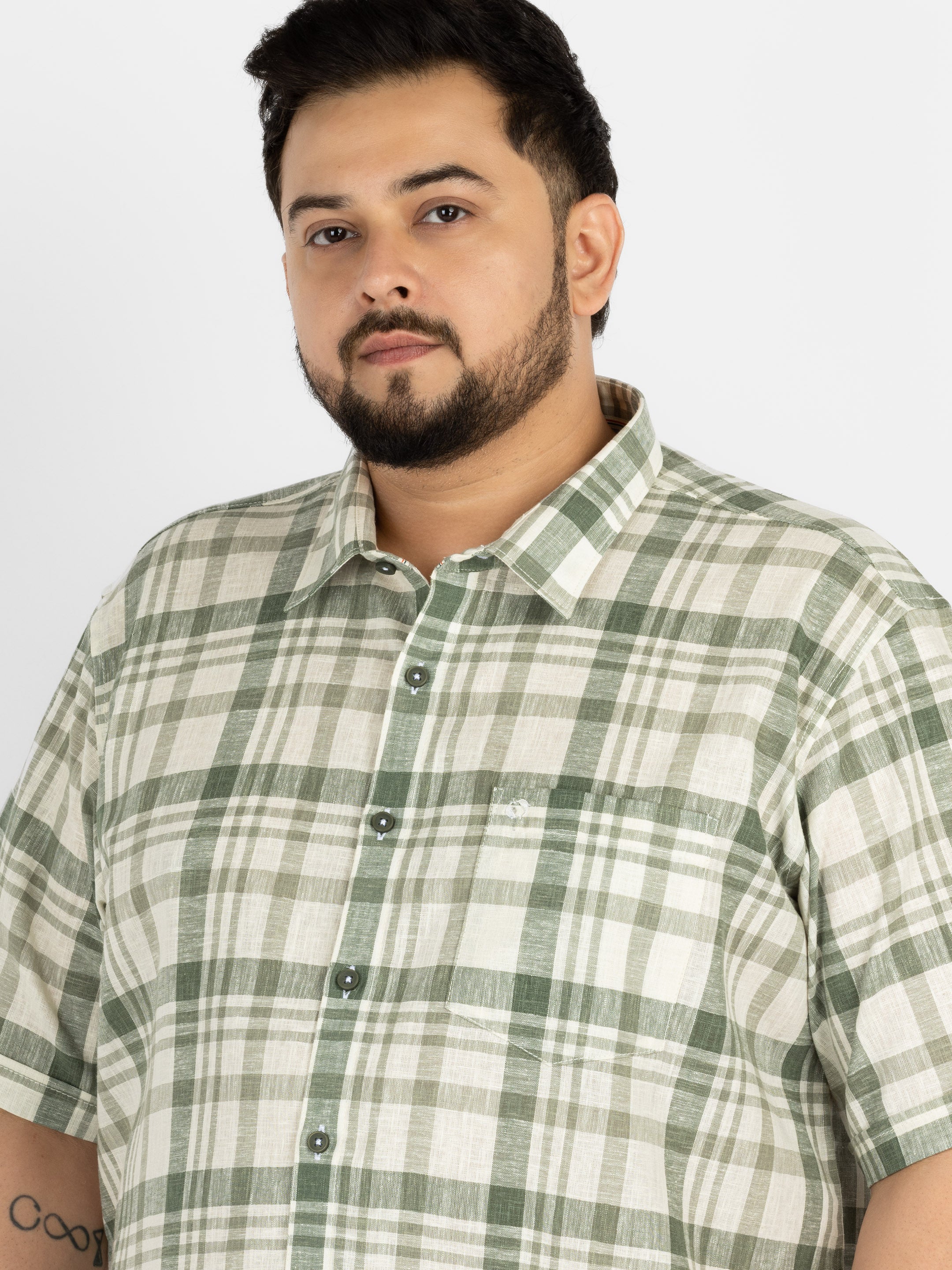 WHATZ Plus Size Plaid Checkered Half Sleeve Shirt for Men