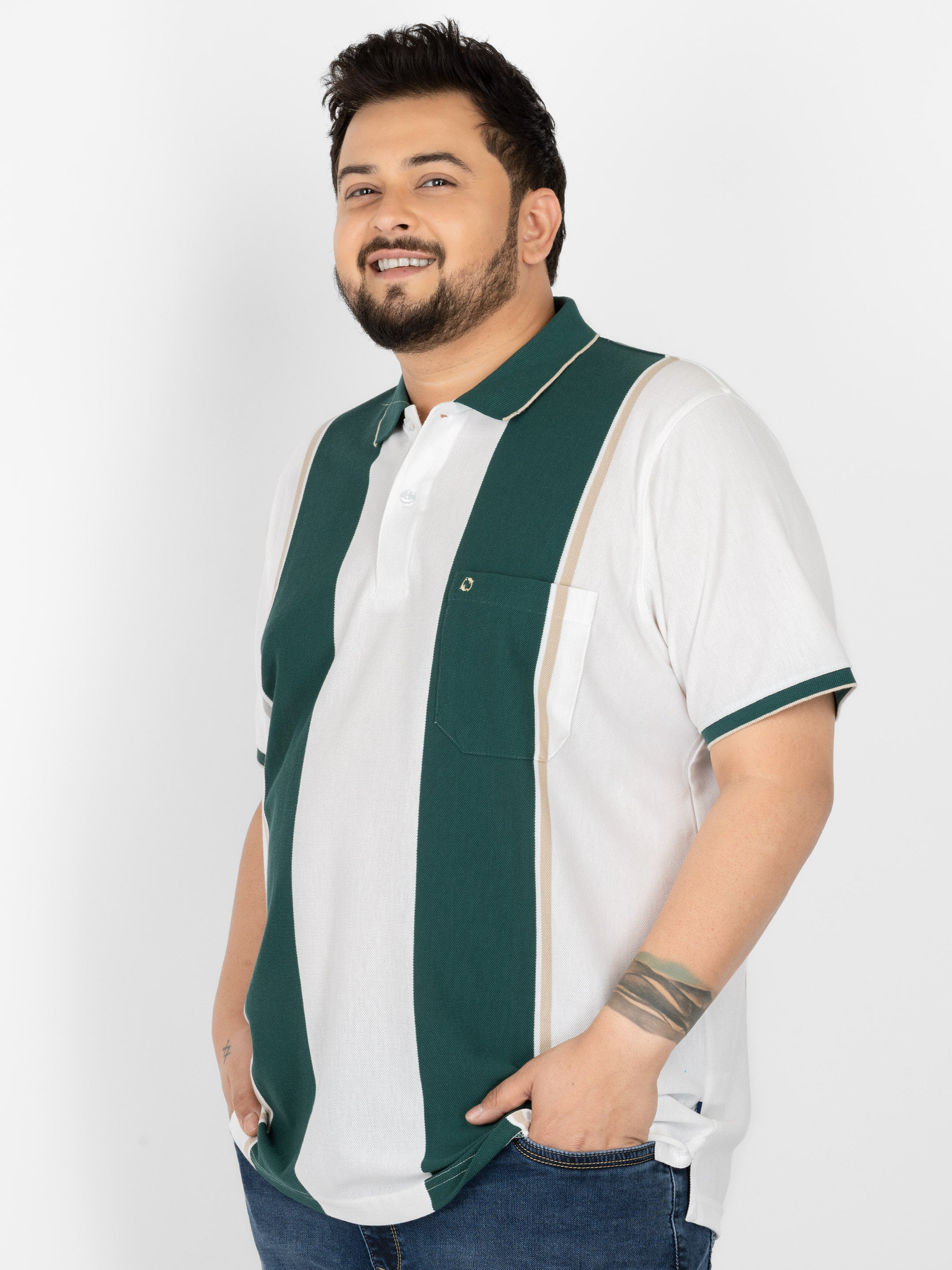 WHATZ Bold Panel Stripe Polo T-Shirt for Men