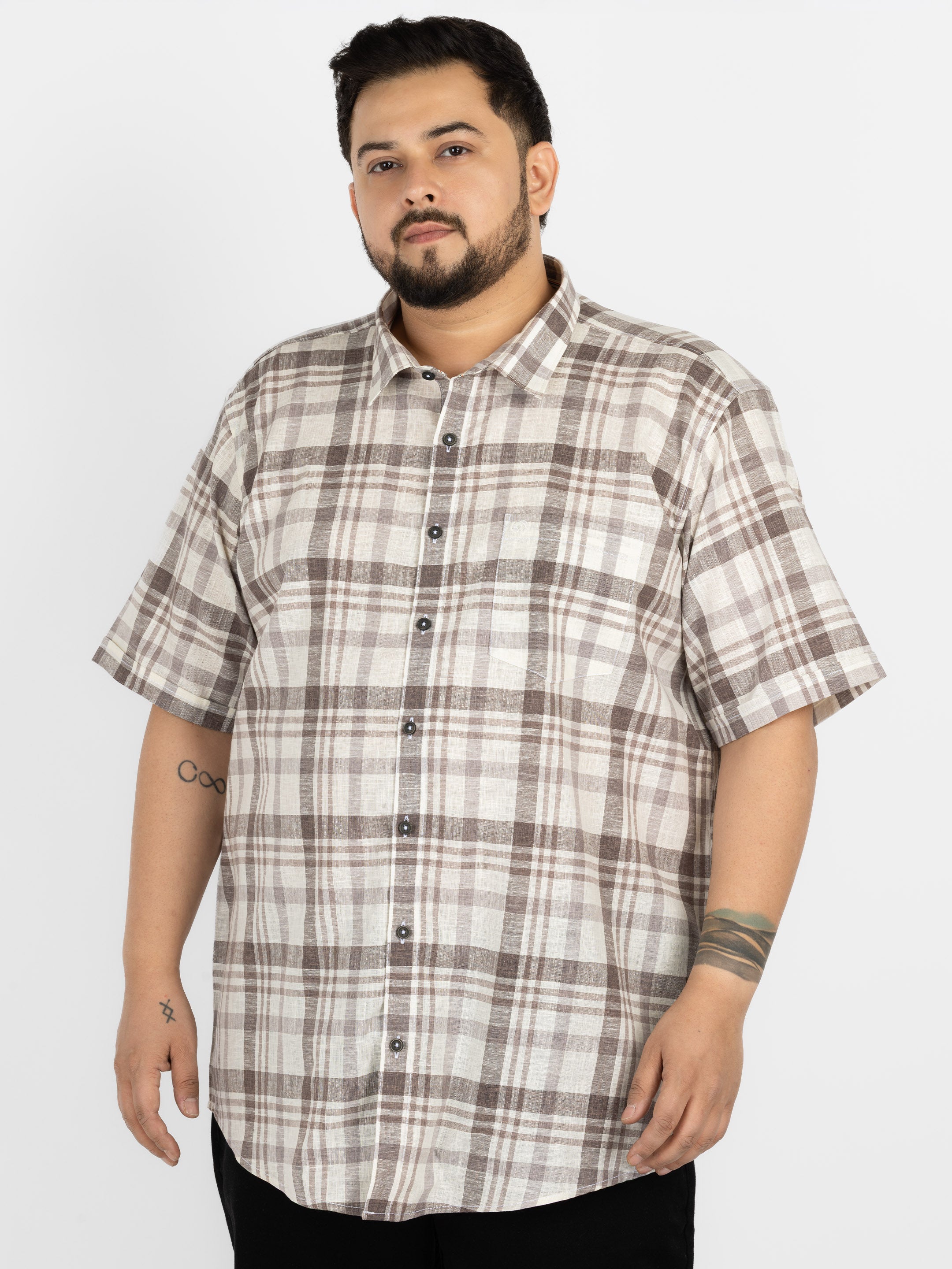 WHATZ Plus Size Plaid Checkered Half Sleeve Shirt for Men