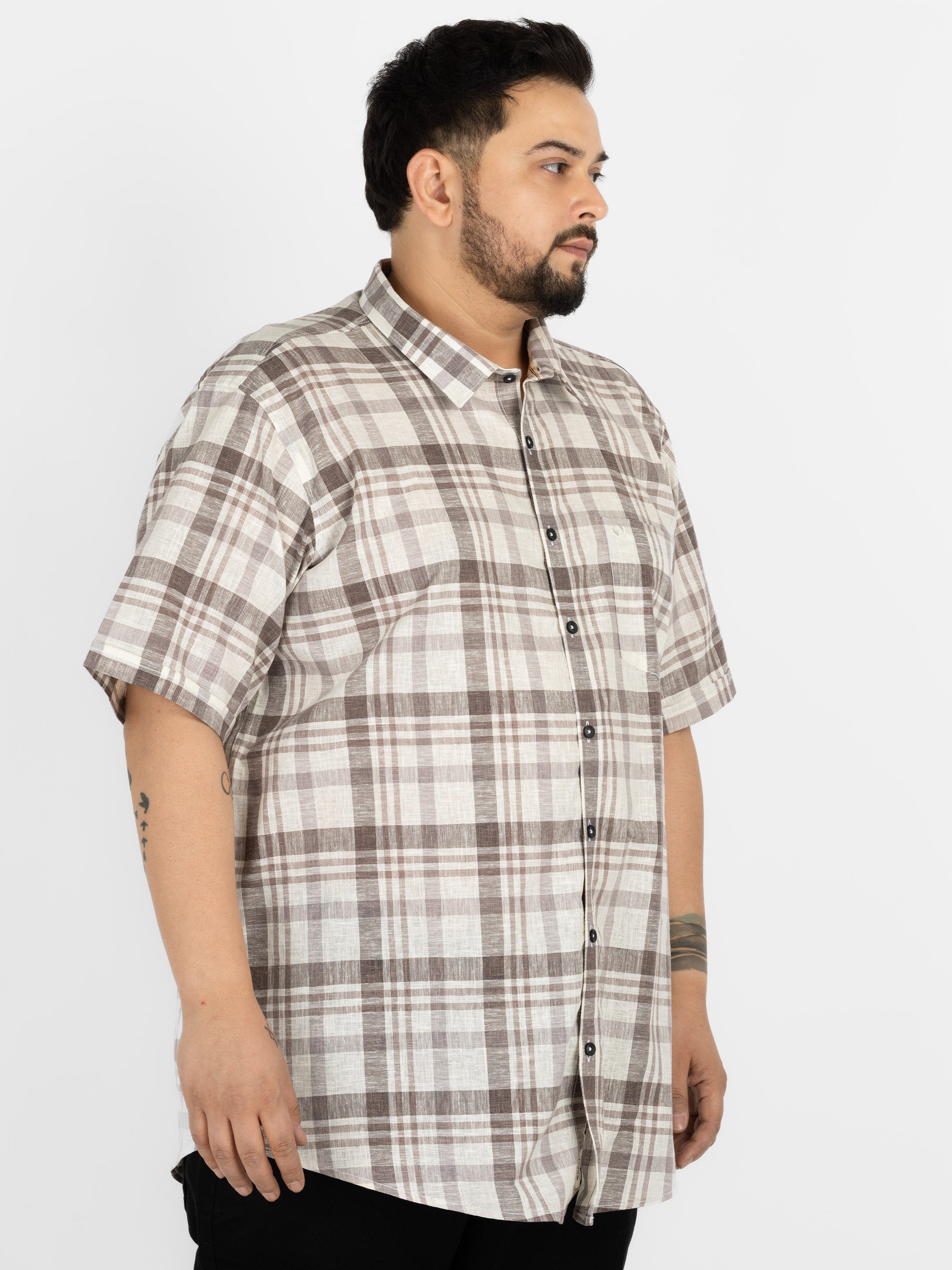 WHATZ Plus Size Plaid Checkered Half Sleeve Shirt for Men