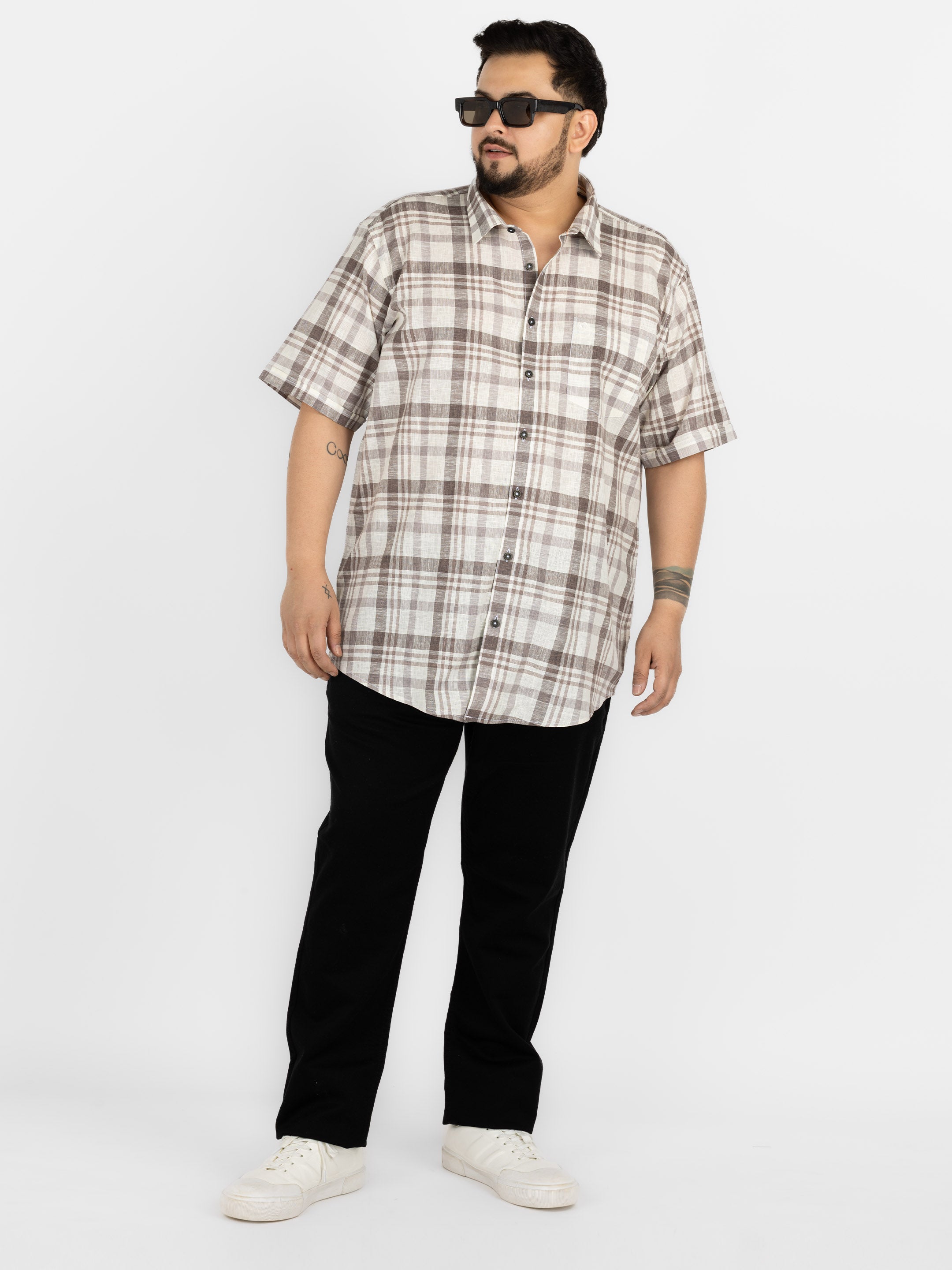 WHATZ Plus Size Plaid Checkered Half Sleeve Shirt for Men