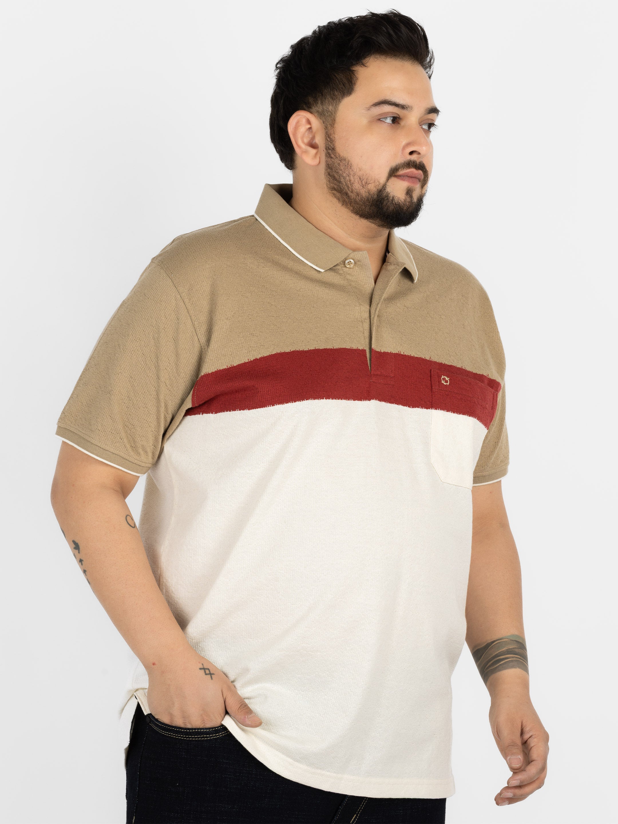 WHATZ Colourblocked Neutral Polo T-Shirt For Men