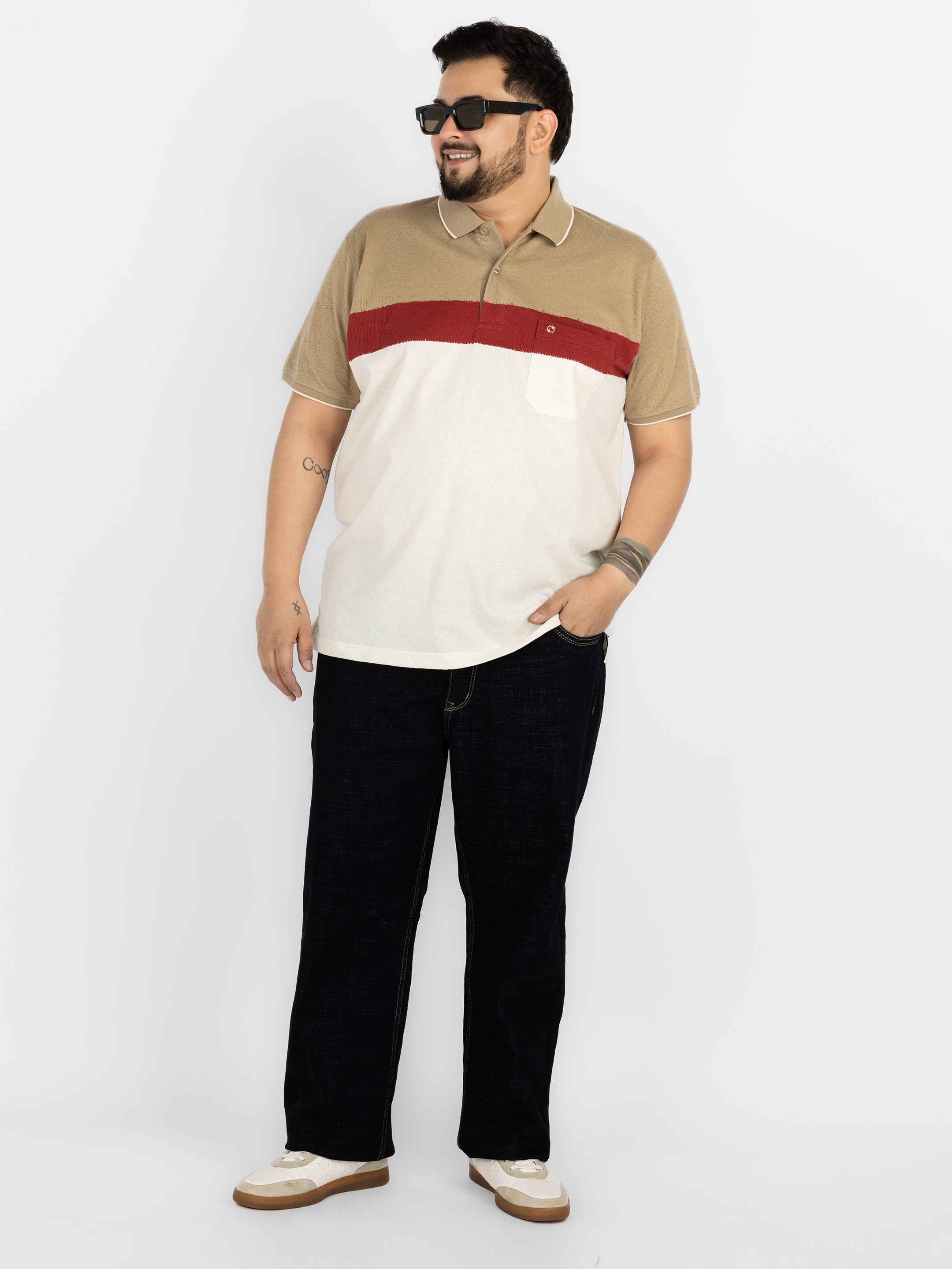 WHATZ Colourblocked Neutral Polo T-Shirt For Men