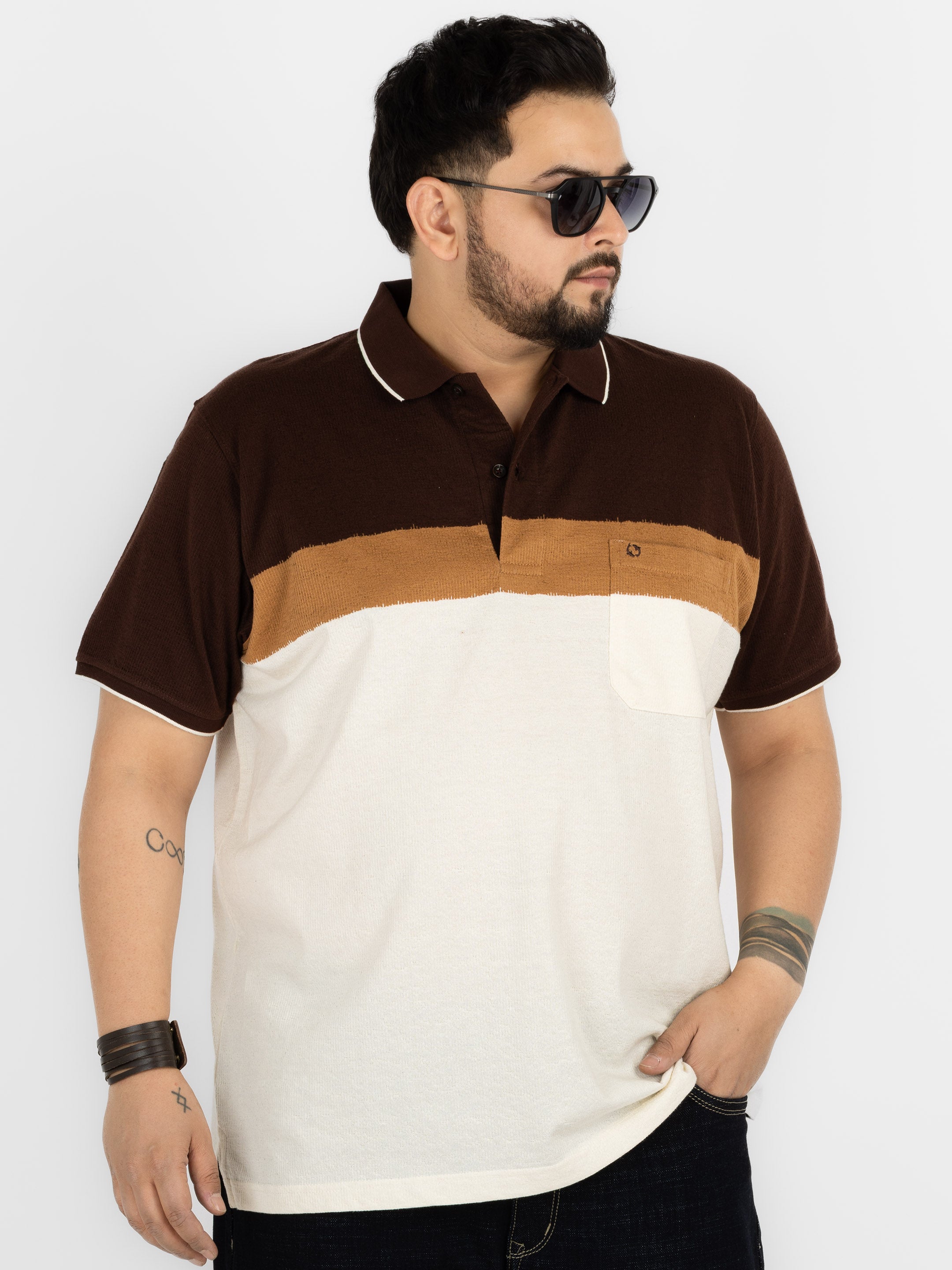 WHATZ Colourblocked Neutral Polo T-Shirt For Men