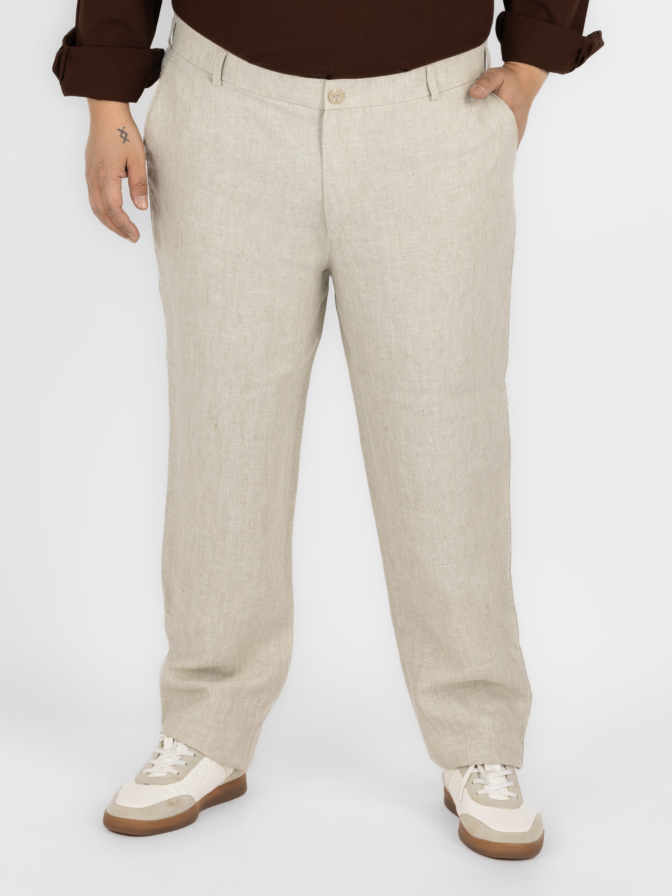 WHATZ Plus Size Premium Solid Linen Trousers for Men