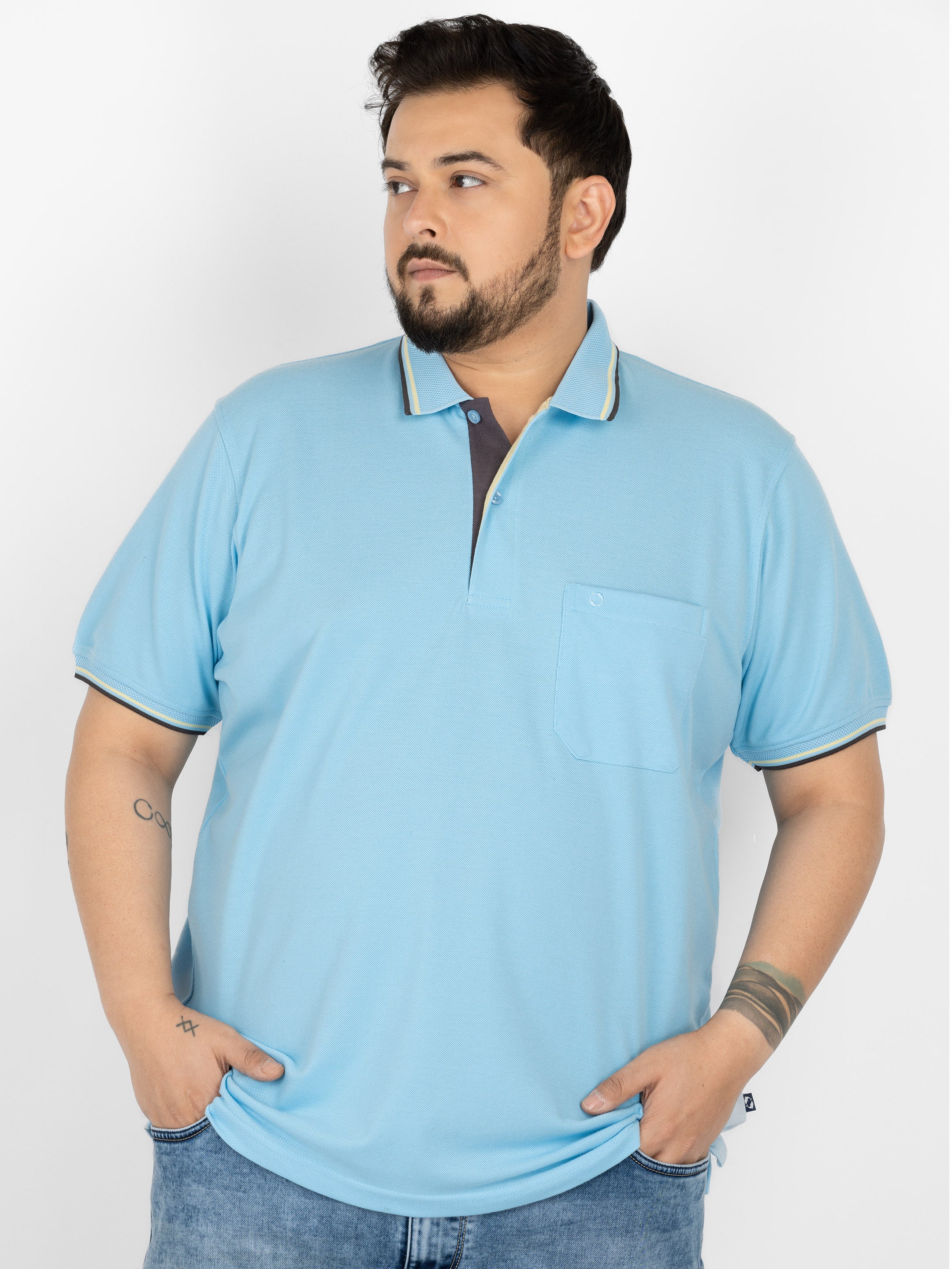 WHATZ Mesh Collar Dual Contrast Polo T-shirt For Men