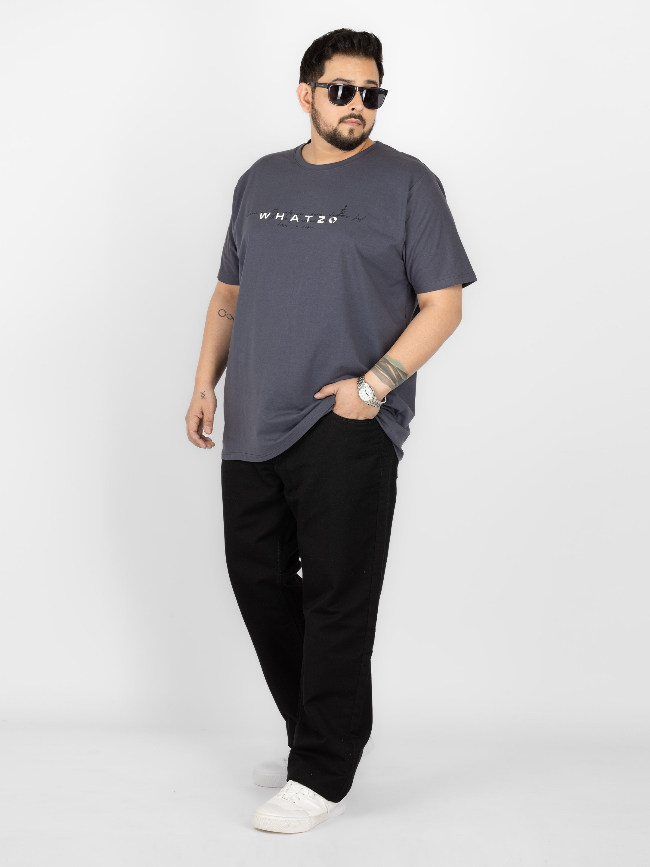 WHATZ Core Logo Graphic Round Neck T-Shirt for Men