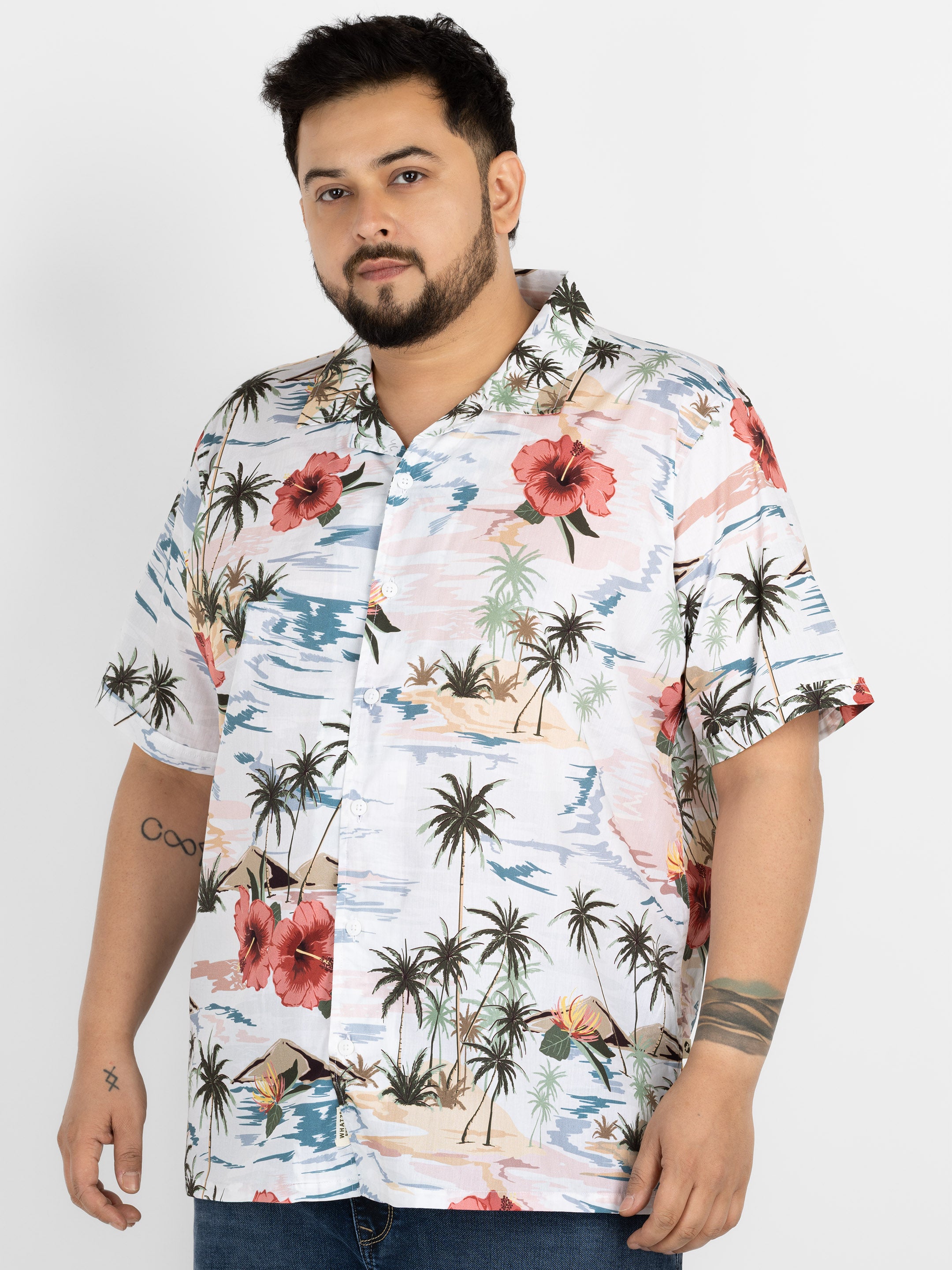 WHATZ Plus Size Hawaiian Floral Print Half Sleeve Shirt for Men