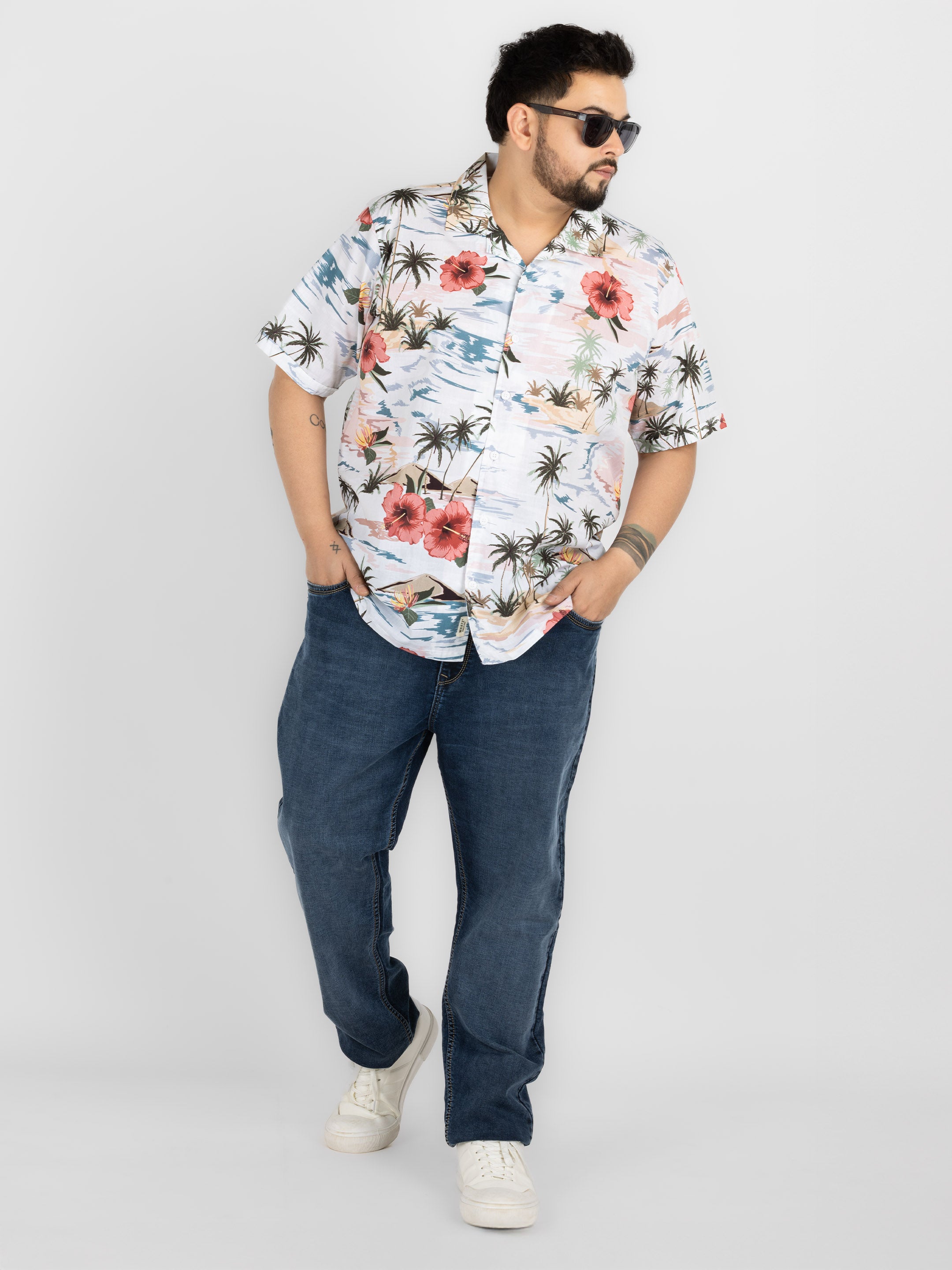 WHATZ Plus Size Hawaiian Floral Print Half Sleeve Shirt for Men