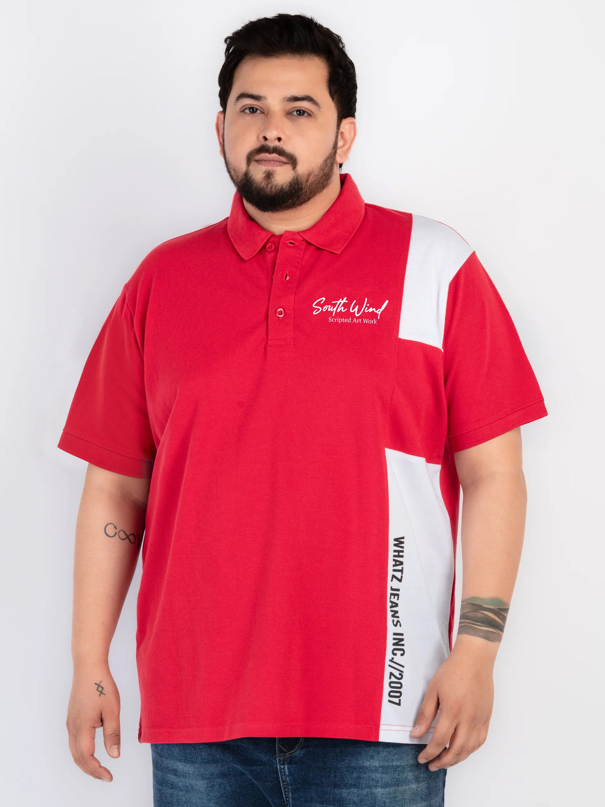 WHATZ Plus Size Scripted Colour-Blocked Polo T-shirt For Men