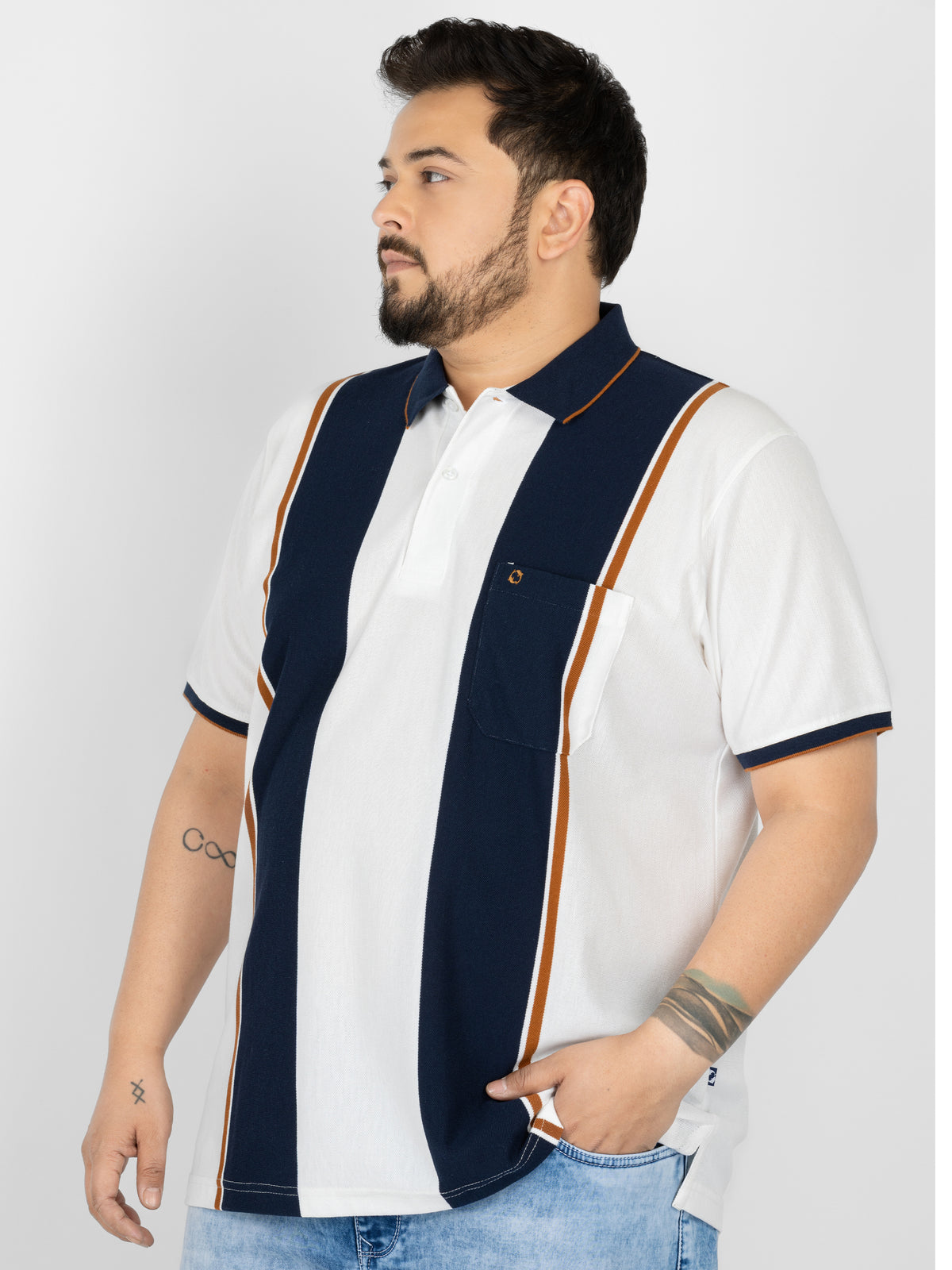 WHATZ Bold Panel Stripe Polo T-Shirt for Men